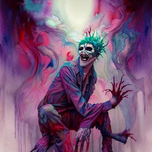 Image similar to watercolor spiritual horror lsd art in muted colors, disturbing grunge still of a lovecraftian demon infested guy flirting with you, by arthur adams, by tom bagshaw, by henry asencio, by kikuchi hideyuki