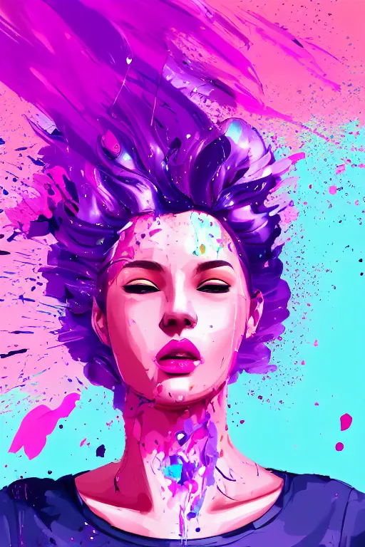 Image similar to a award winning half body porttrait of a beautiful woman in a croptop and cargo pants with ombre purple pink teal hairstyle with head in motion and hair flying, paint splashes, splatter, outrun, vaporware, shaded flat illustration, digital art, trending on artstation, highly detailed, fine detail, intricate