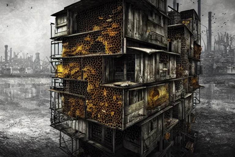 Image similar to simplicity, gothic river favela honeybee hive, urban environment, industrial factory, apocalyptic, somber, award winning art, epic dreamlike fantasy landscape, ultra realistic,