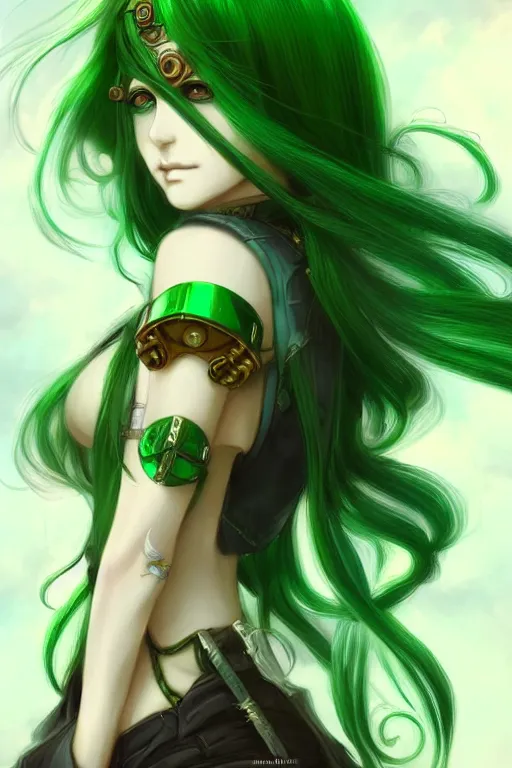 Image similar to beautiful green hair anime woman, modern, steampunk, fantasy, eerie, intricate details, pixiv, digital painting, artstation, concept art, 8 k, art by artgerm and alohonse mucha and eiichiro oda