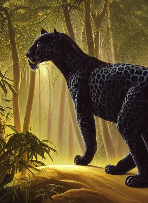 Prompt: a beautiful black jaguar waling in the jungle at night, art by christophe vacher