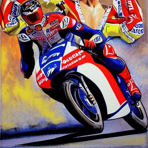 Image similar to photorealistic picture, by bob peak and alex ross, moto gp ads in 1 9 9 0 s, gouache and wash paints, fine details, fine intricate, fine facial proportionate, fine body proportionate, fine fix broken line, fine fix duplicate line, smooth sharp focus, sharp focus