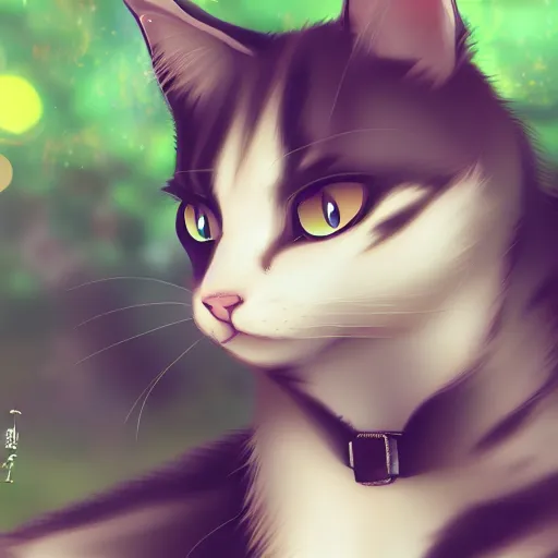 Image similar to portrait of a cat in a forest, by kawacy, sunlight, trending on pixiv, bokeh, furry art, anime, dramatic lighting, digital art