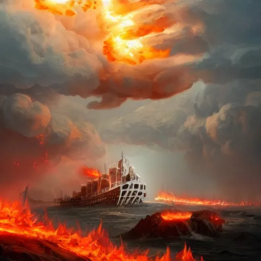 Prompt: zeus [ sitting in clouds ], striking a fleet of ancient greek ships who are charging at a [ giant made of fire ], [ digital art ]!!, trending on cgsociety, artstation, polycount