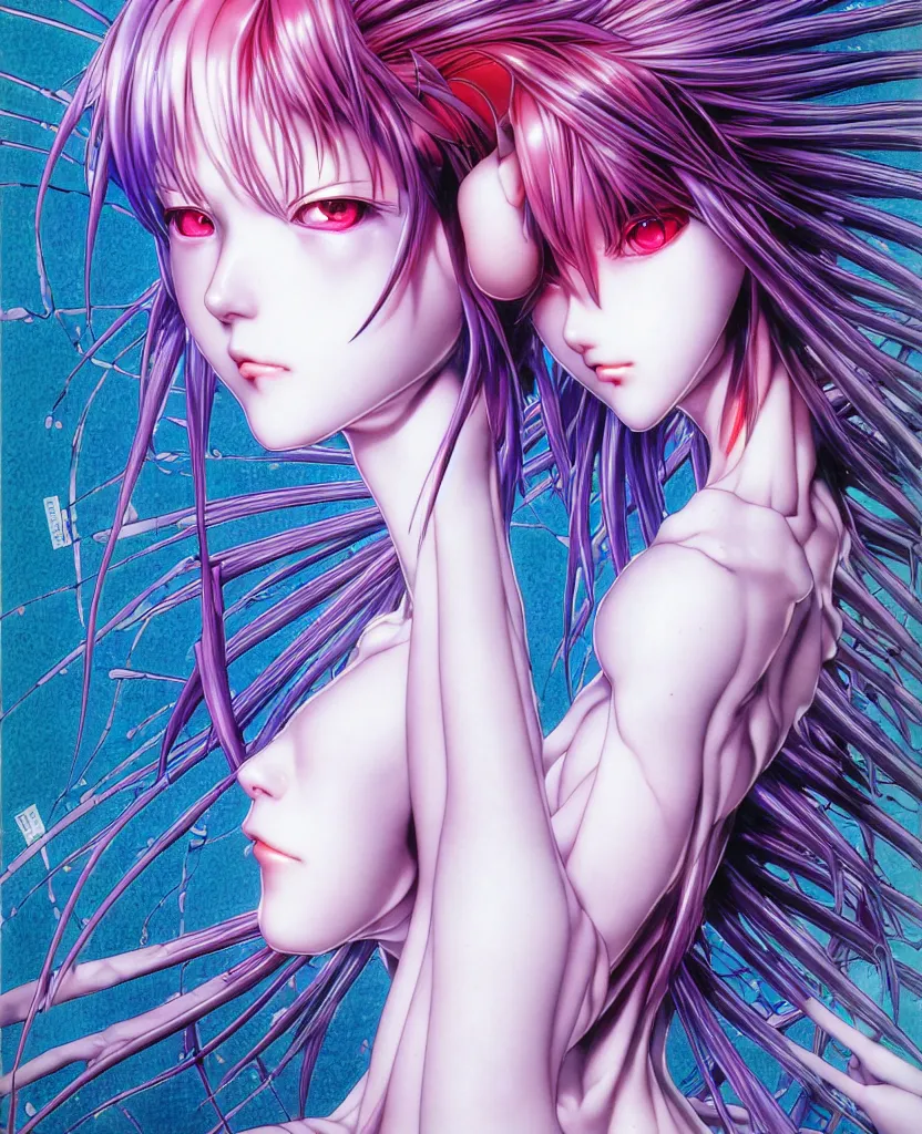 Prompt: realistic detailed image of ultra mega rainbow realistic detailed female character rei ayanami symmetrical depth perception masterpiece depth of field action horror gothic vivid colors art by yoshitaka amano by yukito kishiro by yoshiyuki sadamoto by artgerm by hajime sorayama, no artifacts!!!!!