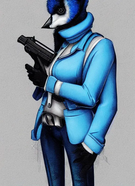 Image similar to A beautiful portrait commission of a female furry anthropomorphic avian blue bird fursona wearing a security guard uniform with a bullet proof vest. Cyberpunk city. 🐦