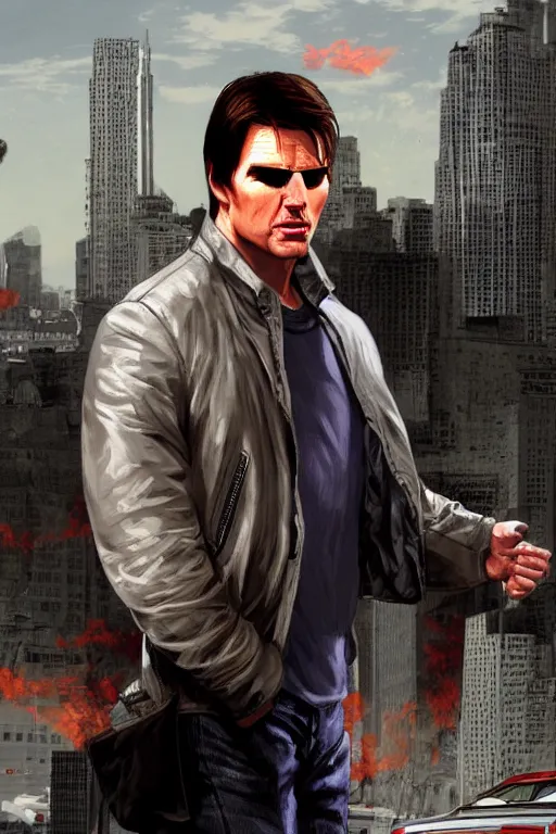 Prompt: a medium shot of tom cruise in gta 4, loading screen art by stephen bliss, highly detailed, trending on artstationhq