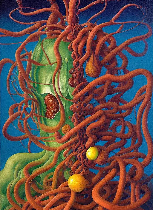 Prompt: hyper detailed Oil painting - It Eats of the Strangling Fruit and Its gossamer polyp blossoms bring iridescent fungal flowers whose spores black the foolish stars by Jacek Yerka, Mariusz Lewandowski, Abstract brush strokes, Masterpiece, Edward Hopper and James Gilleard, Zdzislaw Beksinski, Mark Ryden, Wolfgang Lettl, hints of Yayoi Kasuma