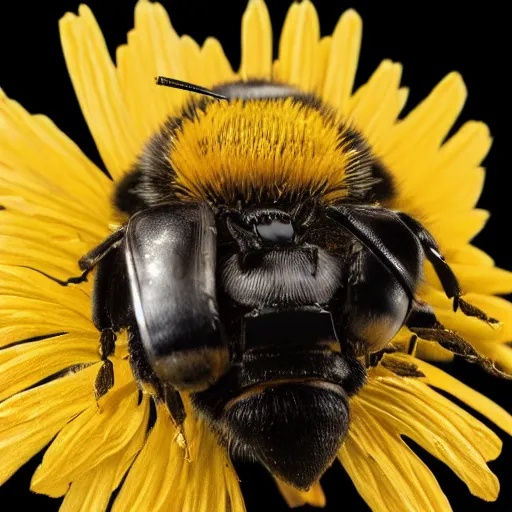 Image similar to a bee robot standing on a flower extracting nectar, seen with a macro lens, well detailed, artstation