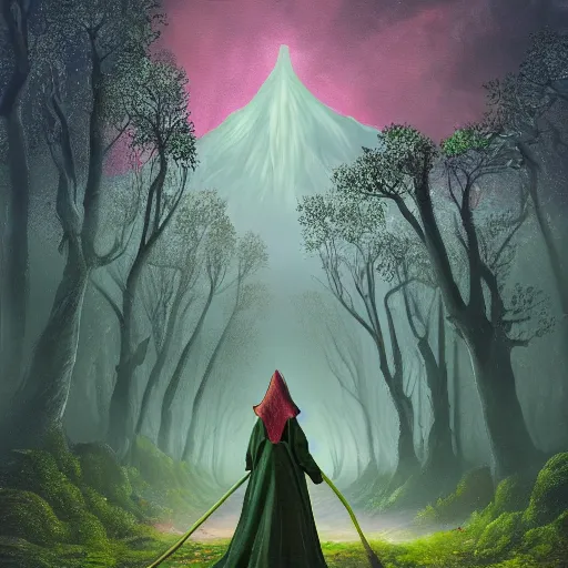 Image similar to view behind elven woman in green hooded robe holding a staff on a cobbled forest road with basalt mountains on either side, a broken planet in the sky, night time, dramatic lighting, digital painting, 8k, highly detailed