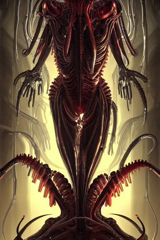 Image similar to horrifying cinematic neon acid biomechanical xenomorph poster, hybrid from doom and art direction by h r giger ; by artgerm ; wayne reynolds art station ; cinematic quality character render ; low angle ; ultra high quality model ; production quality cinema model ;