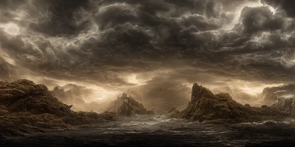 Image similar to photorealistic strange concept art of ship build from dinosaur bones, by katrina van grouw and bruce mahalski. an epic landscape, with ominous storm clouds, a gentle rising mist. occult photorealism, uhd, amazing depth, glowing, golden ratio, 3 d octane cycle unreal engine 5, volumetric lighting, cinematic lighting, cgstation artstation concept art