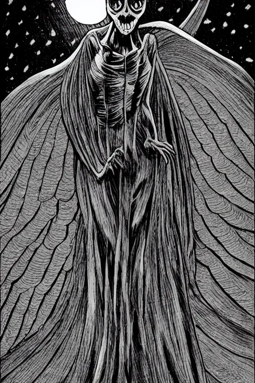 Image similar to angel of death smiling in the dark night, by junji ito with shiver manga art style