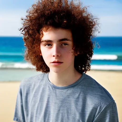 Image similar to portrait of a beautiful teenage boy around 2 0 yo. natural hair, pale skin. beach background. detailed face.