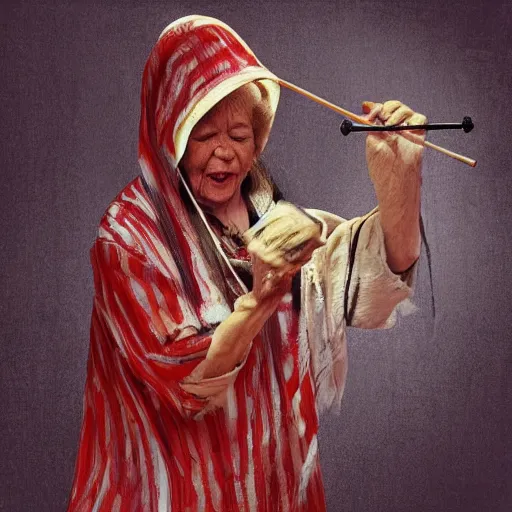 Prompt: a babushka hits a gong with a drumstick that looks like a cigarette, digital art