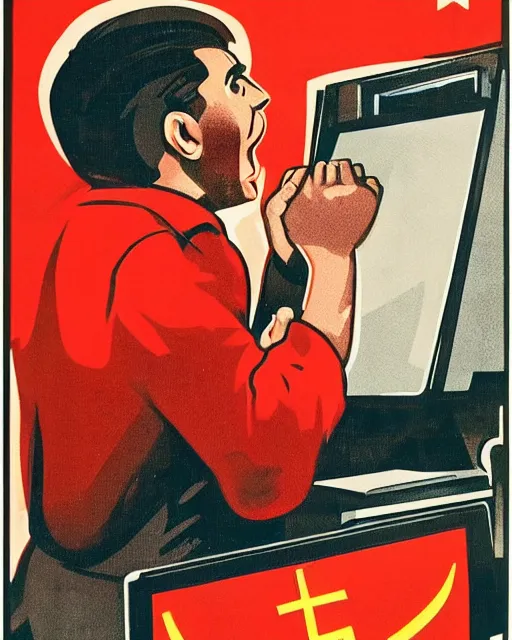 Image similar to soviet propaganda poster of an angry communist developer yelling at his computer