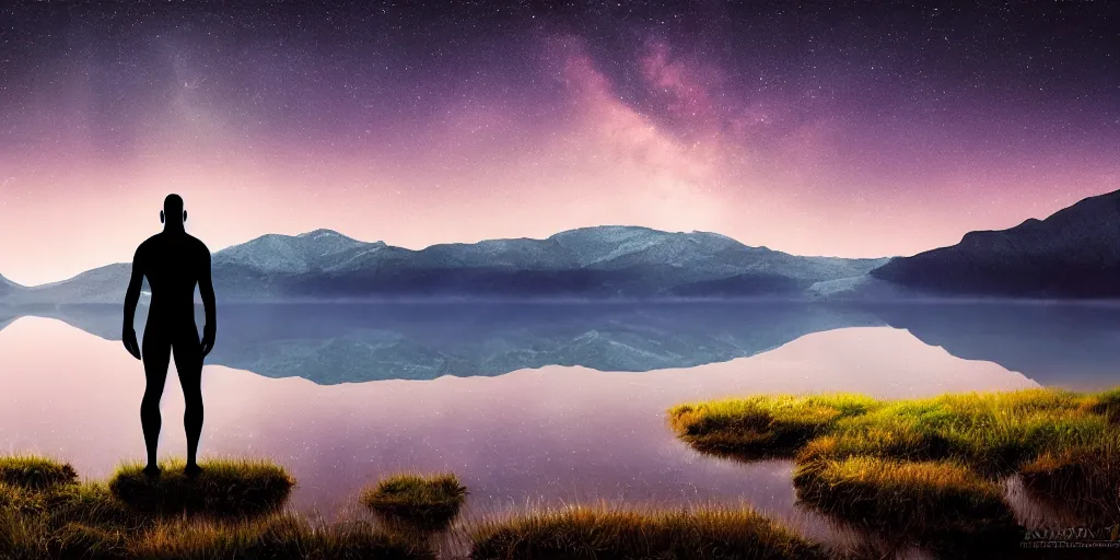 Image similar to beautiful landscape of small lake at night with distant mountains and close - up of a bald symmetric man in futuristic armor, ultra realistic, highly detailed, hd, sharp focus, cinematic lighting, realistic, vivid colors, painting, digital art, non blurry, sharp