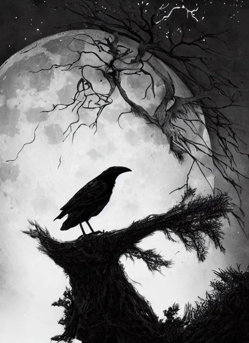 Image similar to crow on tree in front of the full big moon, dramatic lighting, cinematic, establishing shot, extremely high detail, foto realistic, cinematic lighting, pen and ink, intricate line drawings, by Yoshitaka Amano, Ruan Jia, Kentaro Miura, Artgerm, post processed, concept art, artstation,