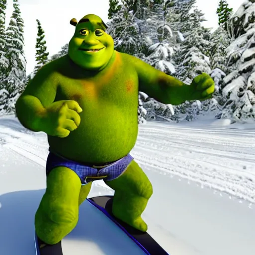 Image similar to shrek skiing, smiling, full body shot, cinematic lighting, studio quality