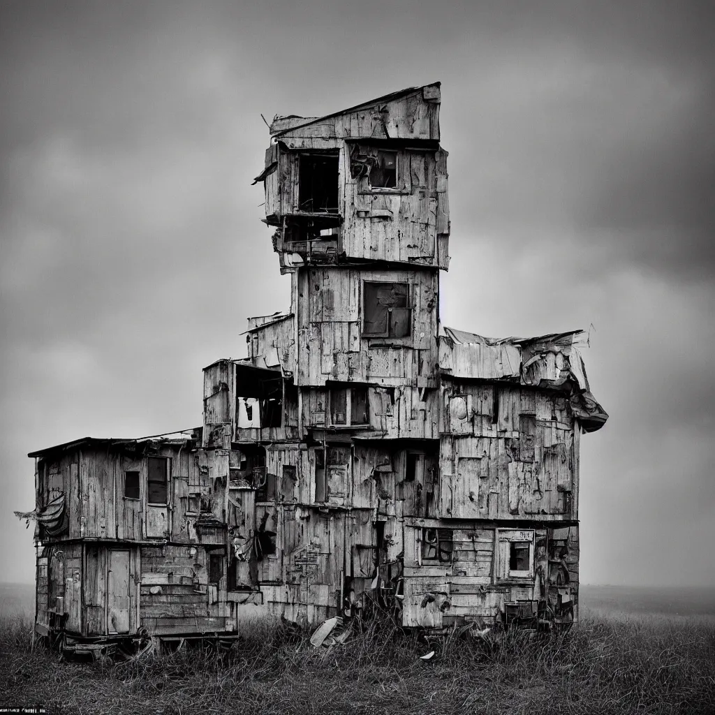 Image similar to high towers, made up of colourful makeshift squatter shacks, bleached, misty, moody sky at the back, dystopia, mamiya, f 1 1, fully frontal view, very detailed, ultra sharp, photographed by roger ballen