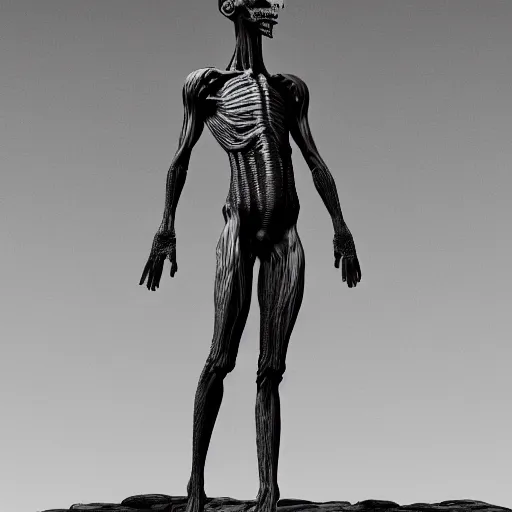 Image similar to standing photorealistic detailed tall skinny humanoid creature, extremly detailed, black and white, 8 k, realistic, sharp focus, cosmic horror creature, cosmic horror