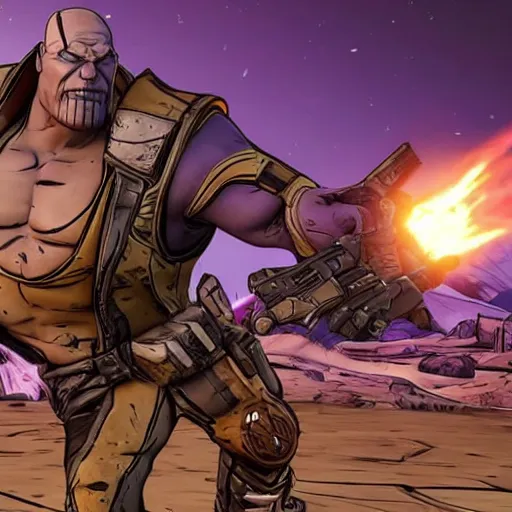 Prompt: Screenshot from new Borderlands DLC featuring Thanos, 8k photorealistic