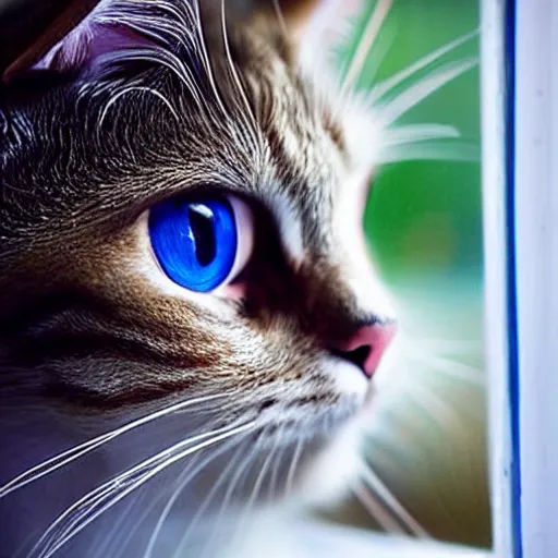 Prompt: A beautiful photo of a cat looking out of the window at night,It has big blue eyes , Photography , Highly Detailed