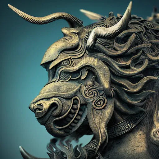 Image similar to The Chinese Zodiac sign of ox warrior, traditional Chinese textures, hyper detail, Unreal engine,Octane render, by Brooke Shaden