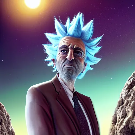 Image similar to portrait of real life rick sanchez. photo realism. dramatic lighting. alien planet background. 4 k