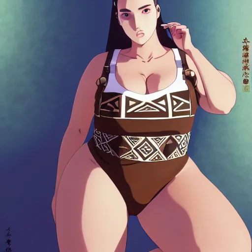 Image similar to a beautiful plus sized model japanese natalie portman, alluring plus sized model with brown skin, wearing mayan leotard with overalls, street fashion hip hop style with mayan patterns, aztec street fashion, gapmoe yandere grimdark, trending on pixiv fanbox, painted by greg rutkowski makoto shinkai takashi takeuchi studio ghibli, akihiko yoshida