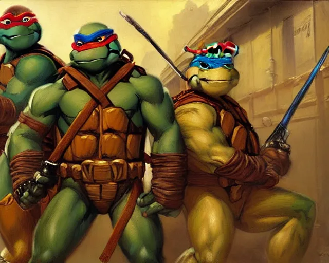 Image similar to teenage mutant ninja turtles, painting by gaston bussiere, craig mullins, j. c. leyendecker