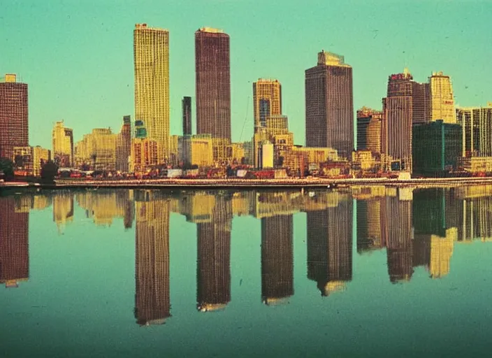 Prompt: retro color photo of a city skyline in the 8 0's. reflections in the water. boats in the water