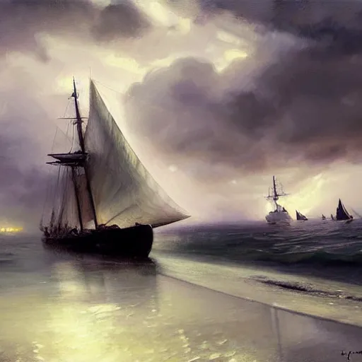Prompt: modern dynamic lighting digital oil painting of ship with translucent sail, backlit boat with dramatic storm clouds, harbour in background, foggy, details, decorative, art by anders zorn, wonderful masterpiece by greg rutkowski, beautiful cinematic light, american romanticism by greg manchess, creation by tyler edlin