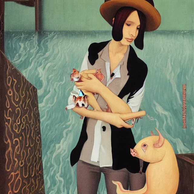 Image similar to tall female emo artist holding a pig in her flooded bathroom, octopus, water gushing from ceiling, painting of flood waters inside an artist's bathroom, a river flooding indoors, pomegranates, pigs, ikebana, water, octopus, river, rapids, waterfall, black swans, canoe, berries, acrylic on canvas, surrealist, by magritte and monet