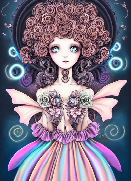 Image similar to dark fantastic illustration of beautiful girl witch with a robot, curls hair, rococo ruffles dress, rosette, symmetrical face, pastel rainbow, pearlescent, cute, fairy, rim light, detailed background, by mai yoneyama, rolua, manga, artstation, concept art, highly detailed, colorful, maximalist