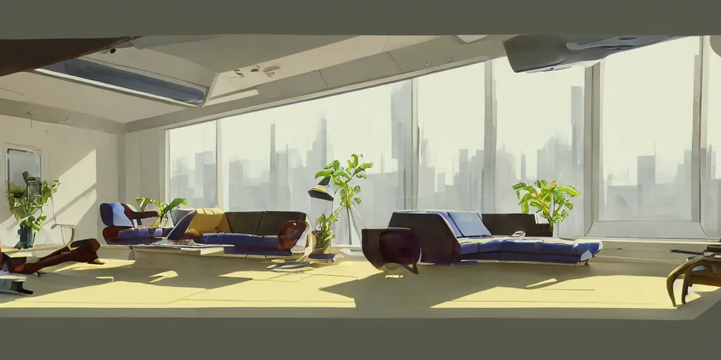 Image similar to a beautiful illustration of futuristic interior studio, lots of furniture, sofa, waiting room, big medium small, sacred geometry, golden ratio, in watercolor gouache detailed paintings, in style of syd mead, trending on artstation, 8 k, panel, hard surface, vent, zaha hadid, props, plant, cozy, decoration,, simon stalenhag, deus ex