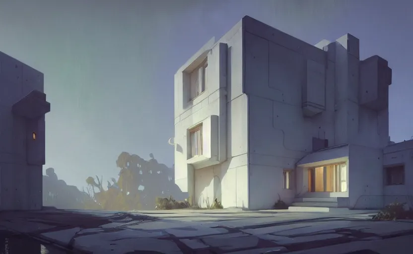 Image similar to painting of a wide angle exterior shot of a white brutalist architecture house with cinematic lighting by darek zabrocki and greg ruthkowski, alphonse mucha, simon stalenhag and cinematic and blue cold atmospheric, archillect concept art, artstation, trending on artstation