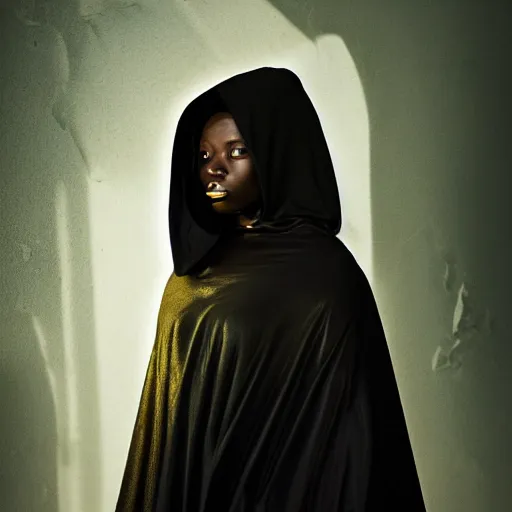 Image similar to a portrait of a young black woman wearing a long dark cloak, hood and shadows covering face, wearing shiny gold, oil painting, matte painting, black background, Volumetric Golden dappled dynamic lighting, Highly Detailed, Cinematic Lighting, Unreal Engine, 8k, HD, by Beksinski