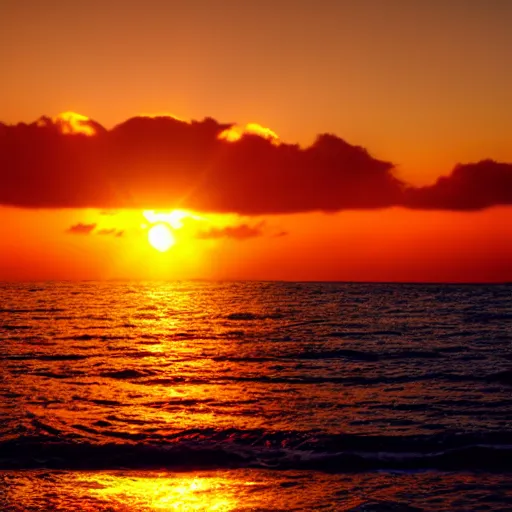 Image similar to sunset on the ocean, water is glowing golden, gold colored glowing water, sun surrounded by blackness, sky completely dark, night sky with stars visible with the sun still on the horizon