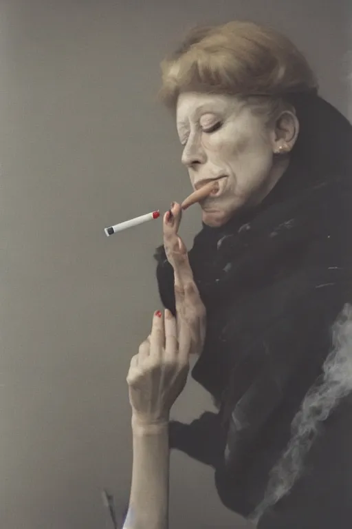 Prompt: overpainted photography portrait of a woman smoking a cigarette at a table by cindy sherman and gerhard richter, dim light, black and white