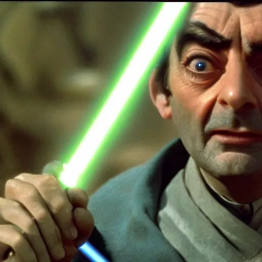 Image similar to Still of Mr. Bean as jedi master Obiwan kenobi!!!!. in Star Wars (1977). detailed eyes. medium shot, technicolor. light saber