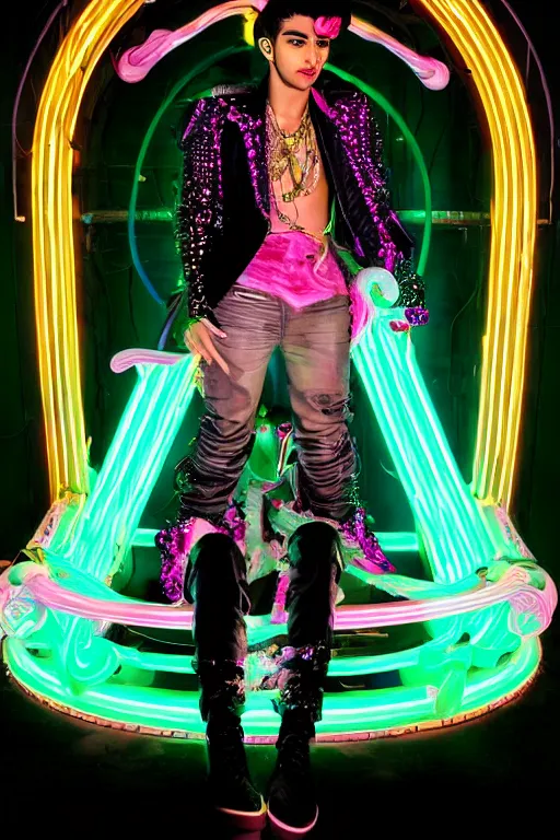 Image similar to full-body rococo and cyberpunk style neon statue of a young attractive Zayn Malik macho dotado e rico android sim roupa reclining con las piernas abertas e la piroca dura, glowing mint laser eyes, golden prince crown, black steampunk gears, pink diamonds, swirling mint-colored silk fabric. futuristic elements. black dripping tar. full-length view. space robots. human skulls. intricate artwork by caravaggio. Trending on artstation, octane render, cinematic lighting from the right, hyper realism, octane render, 8k, depth of field, 3D