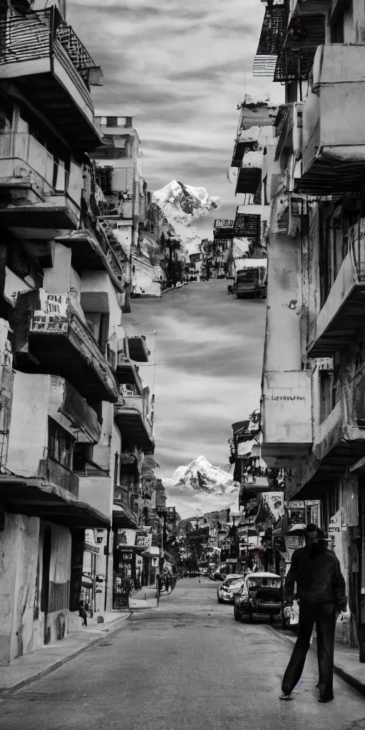 Prompt: a concept art of elvis presley in the streets of la paz, with the illimani in the background, profesional photography, 1 4 mm, cinematic photography, high resolution, artstation, digital painting, 4 k