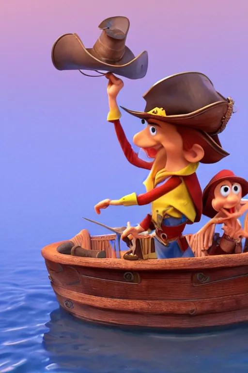 Image similar to a great pirate on a small boat. pixar disney 4 k 3 d render funny animation movie oscar winning trending on artstation and behance. ratatouille style.