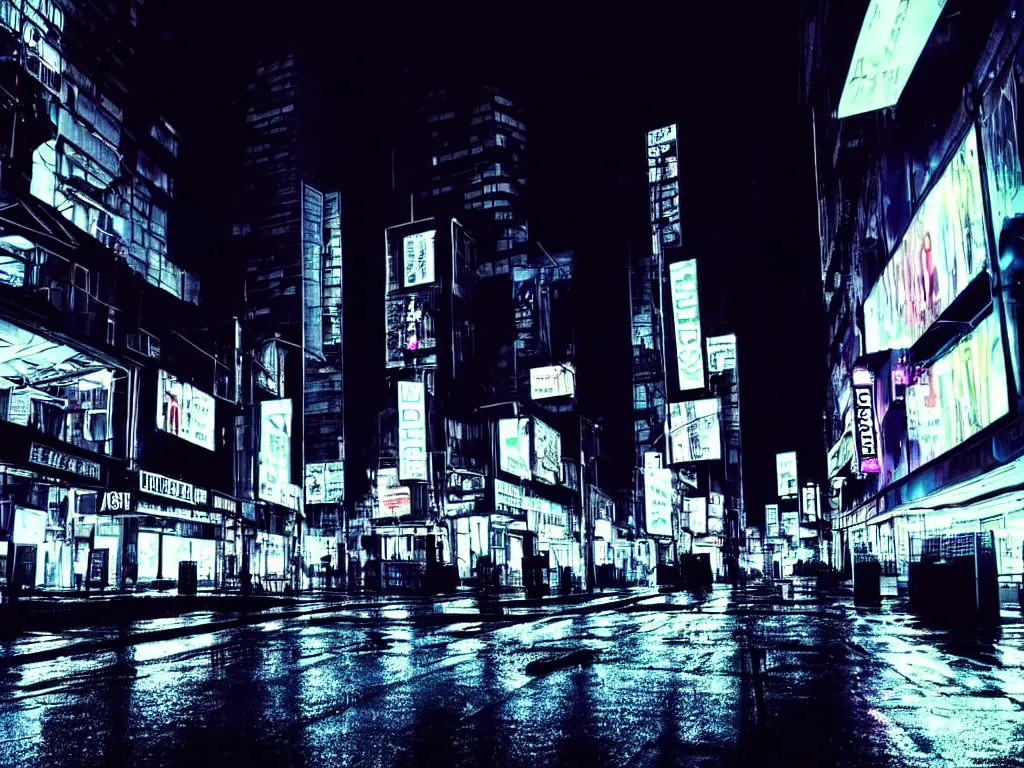 Prompt: rainy cyberpunk downtown city street in dark night time, neon lights glow, black sky