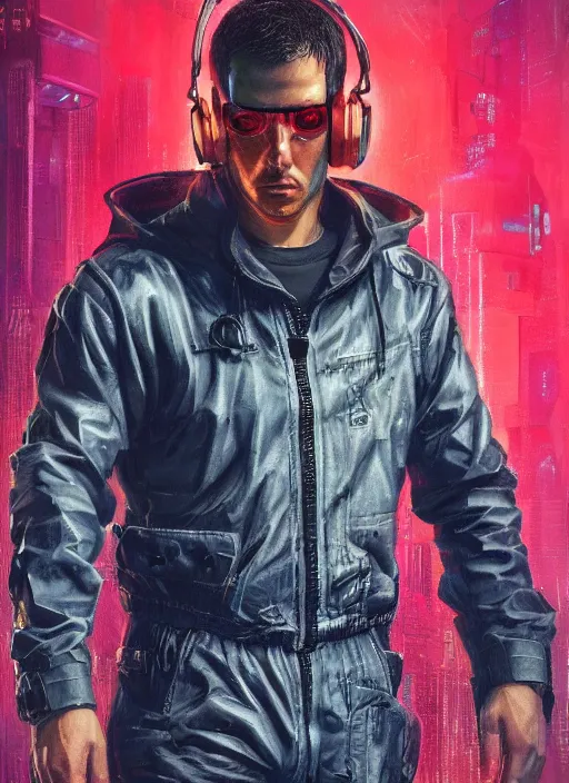 Image similar to cyberpunk character wearing jumpsuit and red jacket and cyberpunk headset. ( blade runner 2 0 4 9, dystopian, cyberpunk 2 0 7 7 character design ). attractive face. portrait by james gurney and laurie greasley, oil on canvas. cinematic, hyper realism, realistic proportions, full view, dramatic lighting, high detail 4 k