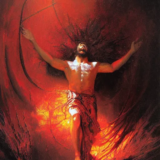 Image similar to painting of Jesus descending into hell in the style of Dante's Inferno, surrounded by a vivid silver light, flowing royal robes with goly inlay, crown of thorns spotted with blood upon his head, stern expression with a chiseled jaw and fiery eyes, by Jeremy Mann, stylized, detailed, realistic, loose brush strokes, intricate, beautiful