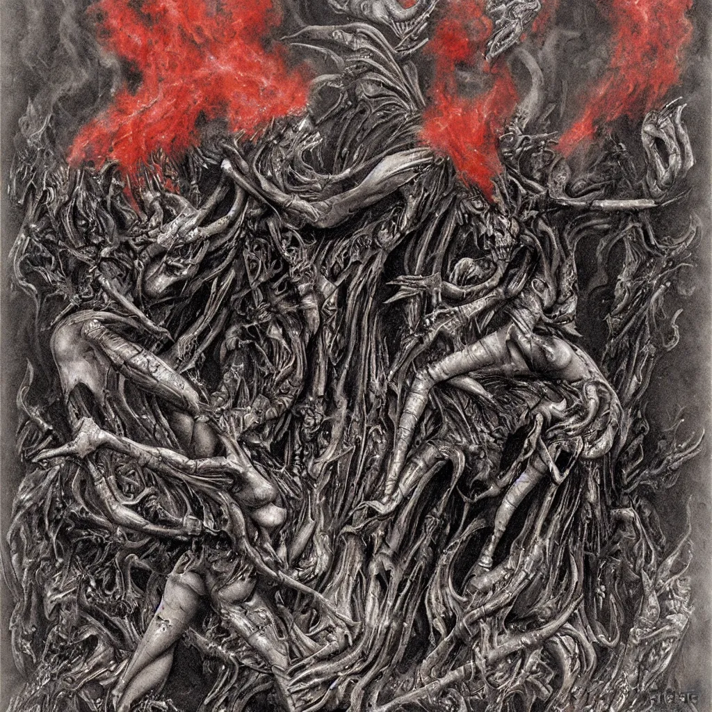 Prompt: a detailed demon ballerina leaving a trail of smoke in a pool of lava by h. r. giger
