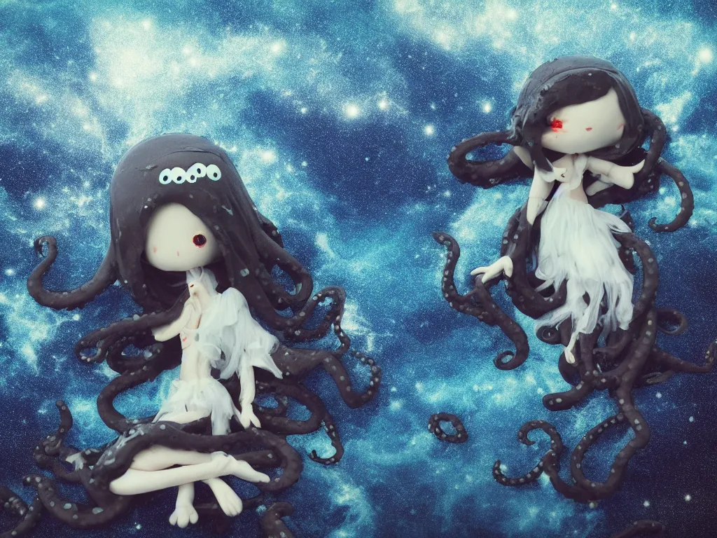 Prompt: cute fumo plush gothic octopus maiden alien girl swimming in the waves of the dark galactic abyss, tattered ragged gothic dress, ocean waves and reflective splashing water, vignette, vray