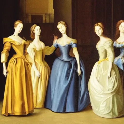 Image similar to fine art, oil on canvas. six women in a vast castle lobby wearing fine clothes, no faces visibles. dark room with light coming through the right side. baroque style 1 6 5 6. high quality realistic recreation of illumination shadows and colors, no distortion on subject faces.